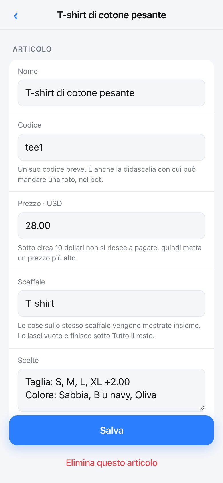 Editing one product: name, code, price, shelf and choices