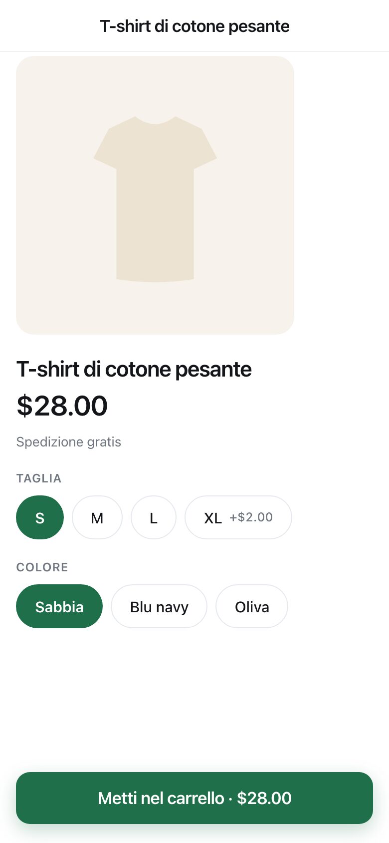 A product page showing a T-shirt with size and colour choices and a delivery line