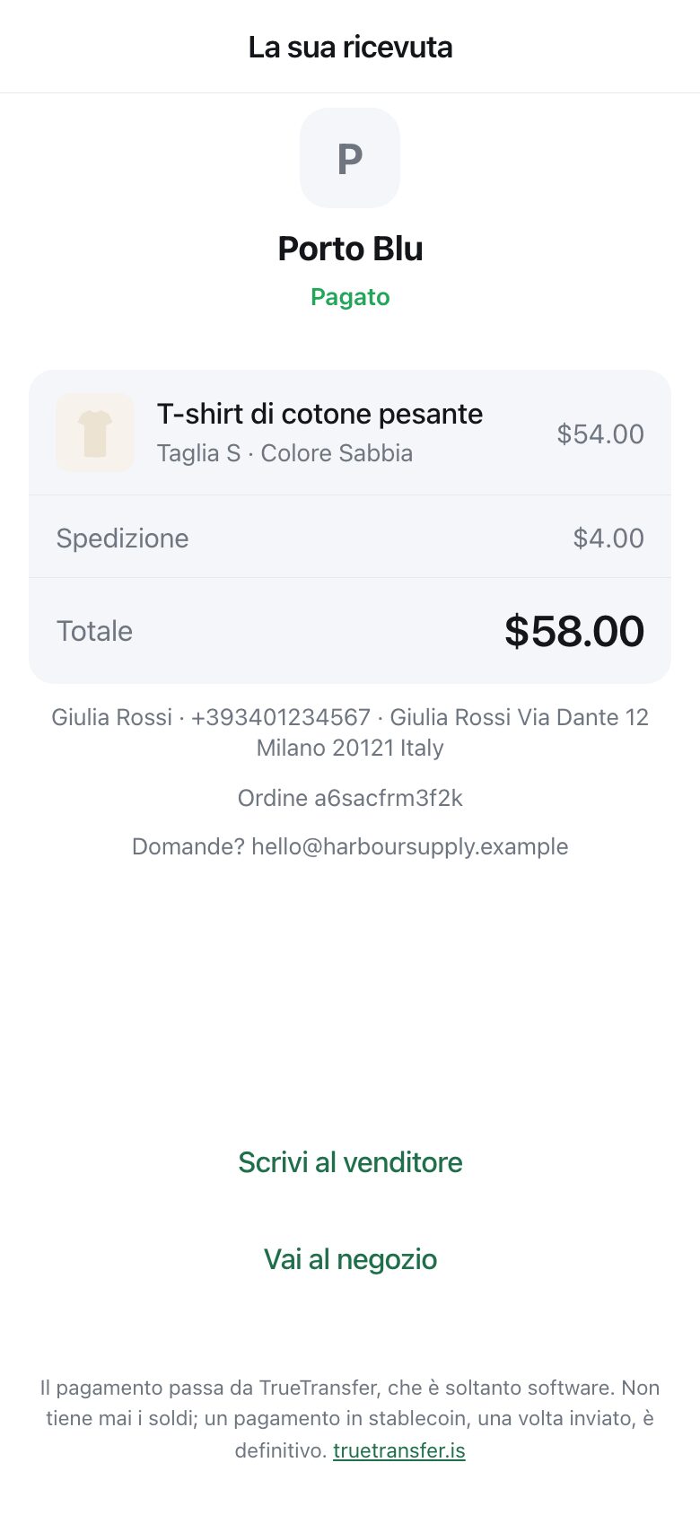 A receipt showing the shop name, the item, delivery, the total, and buttons to message the seller