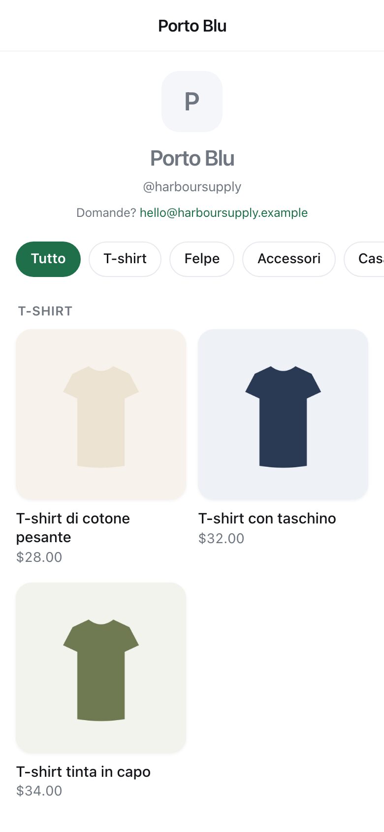 A shop page with T-shirts, a hoodie and a cap, each with a photograph and a price