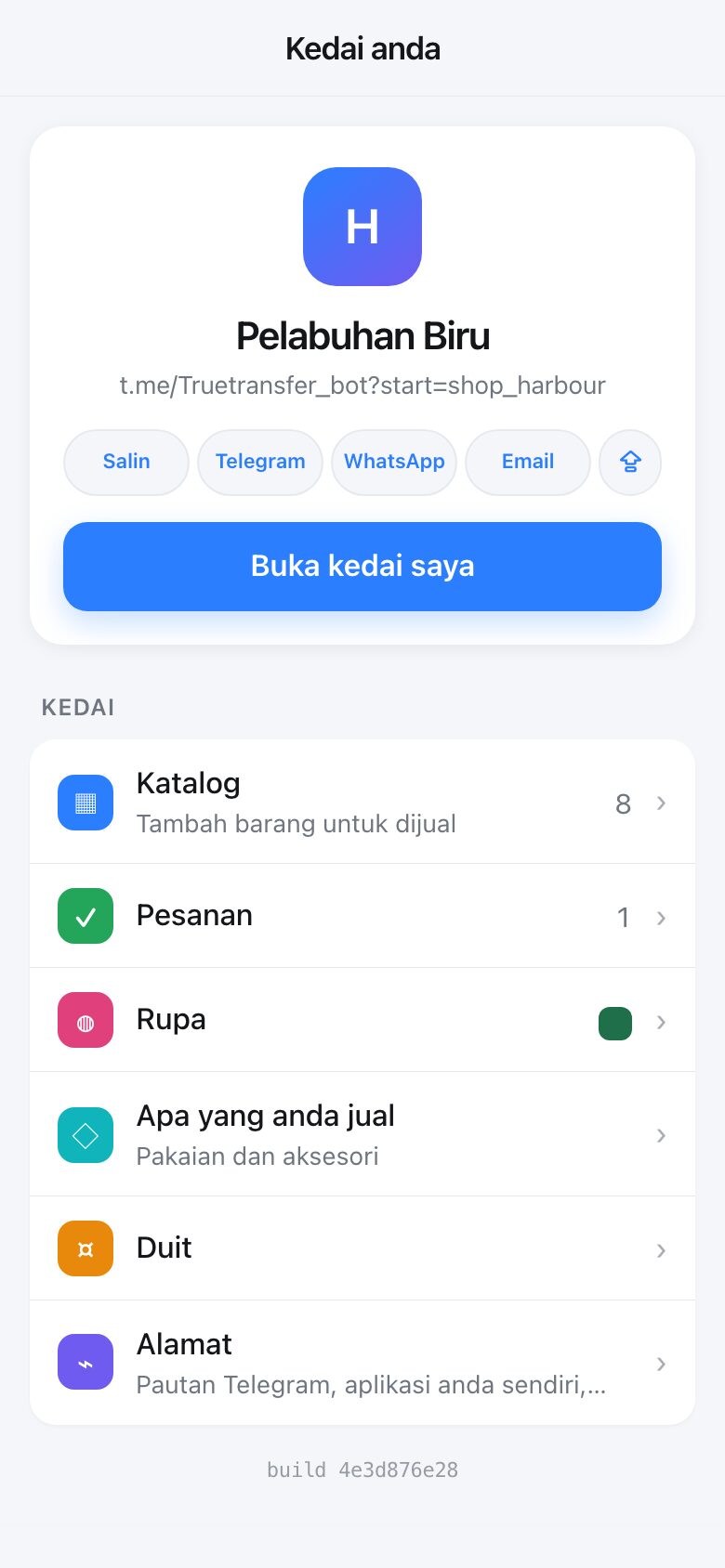 Halaman pengurusan kedai anda. Telegram sudah tahu siapa anda, jadi tiada apa yang perlu dilog masuk.