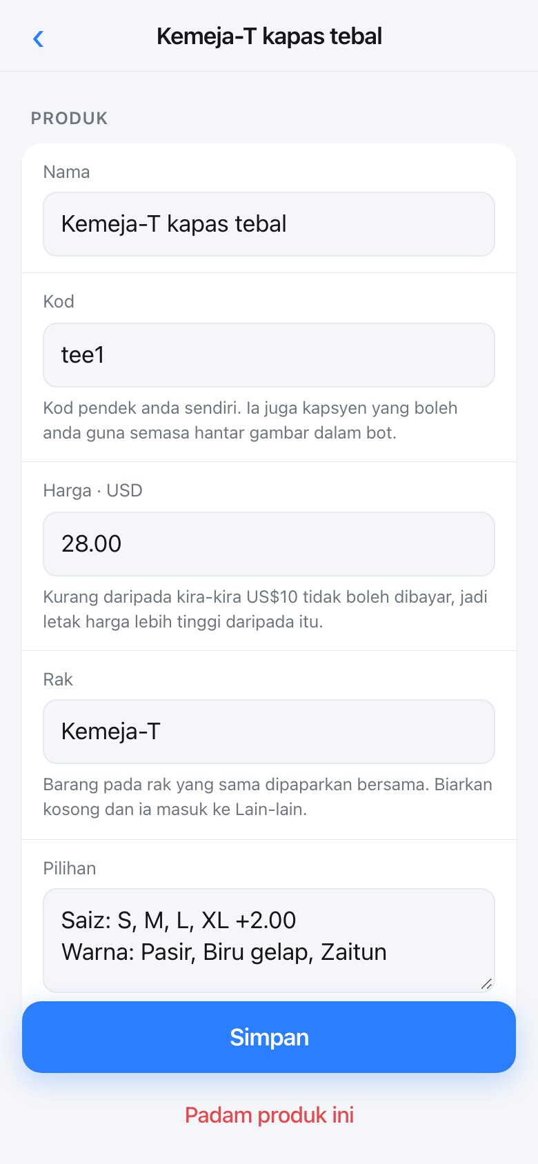 Editing one product: name, code, price, shelf and choices