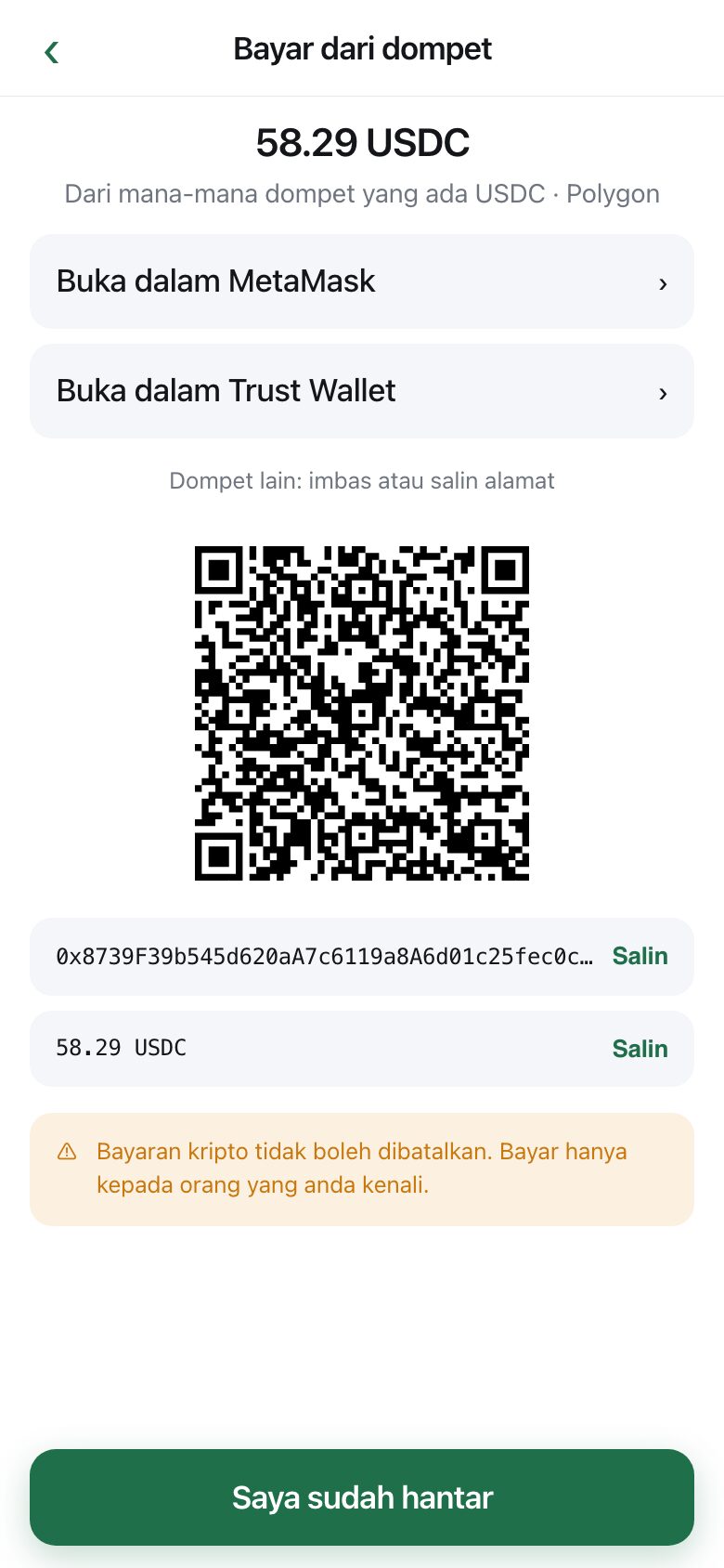 A wallet payment screen with the exact amount, a QR code, the address, and buttons to open a wallet app