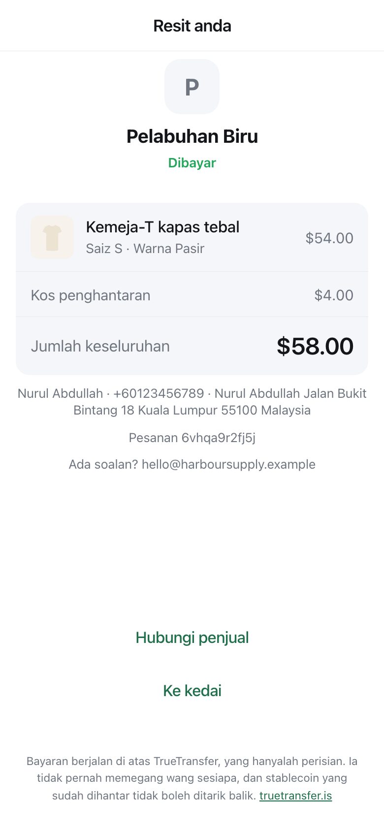 A receipt showing the shop name, the item, delivery, the total, and buttons to message the seller