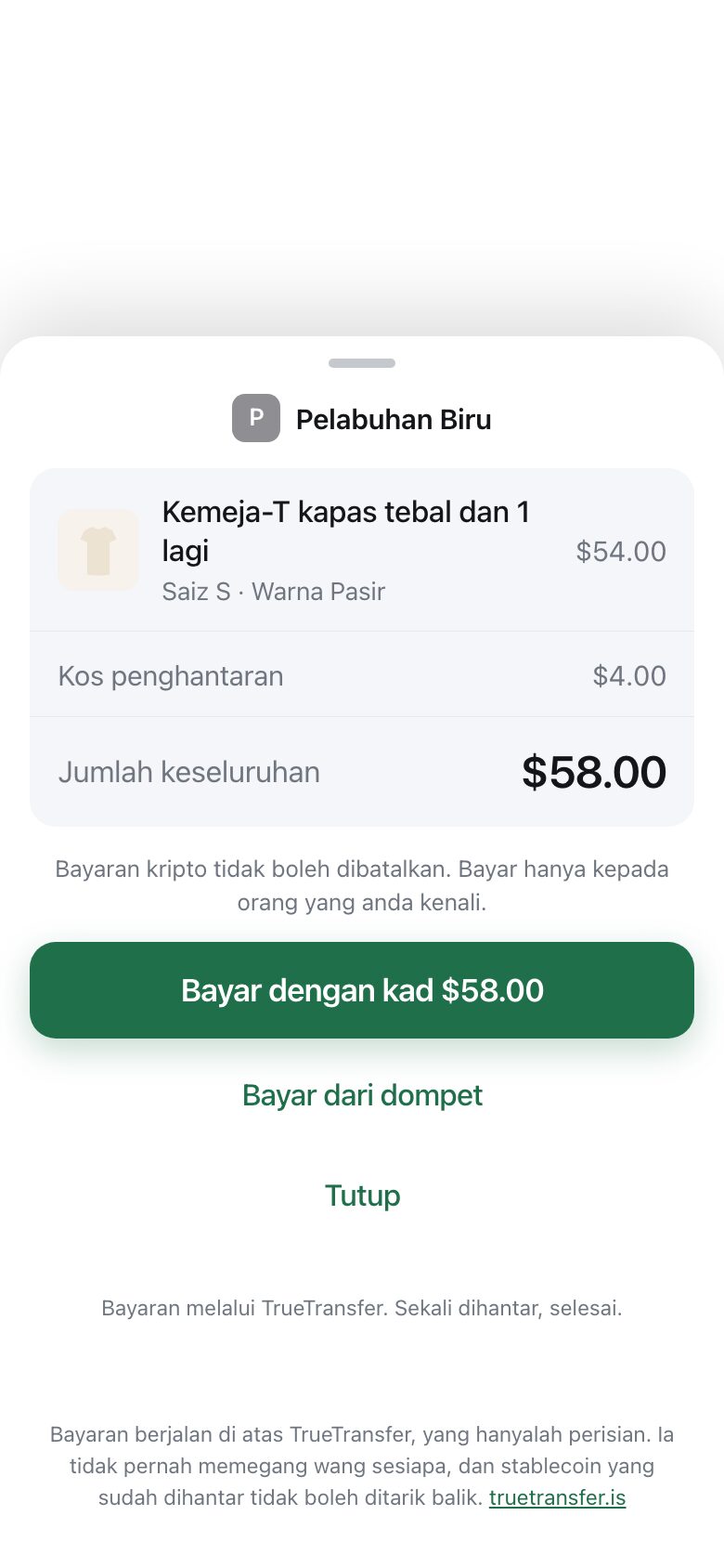 A payment sheet sliding up from the bottom showing shop name, items, delivery and total, with a pay button