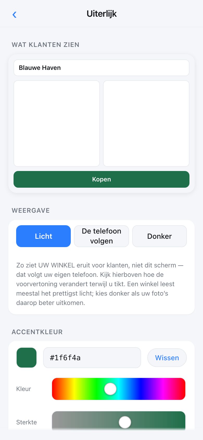 The Look screen with a live preview, light and dark options, a colour picker and a logo upload