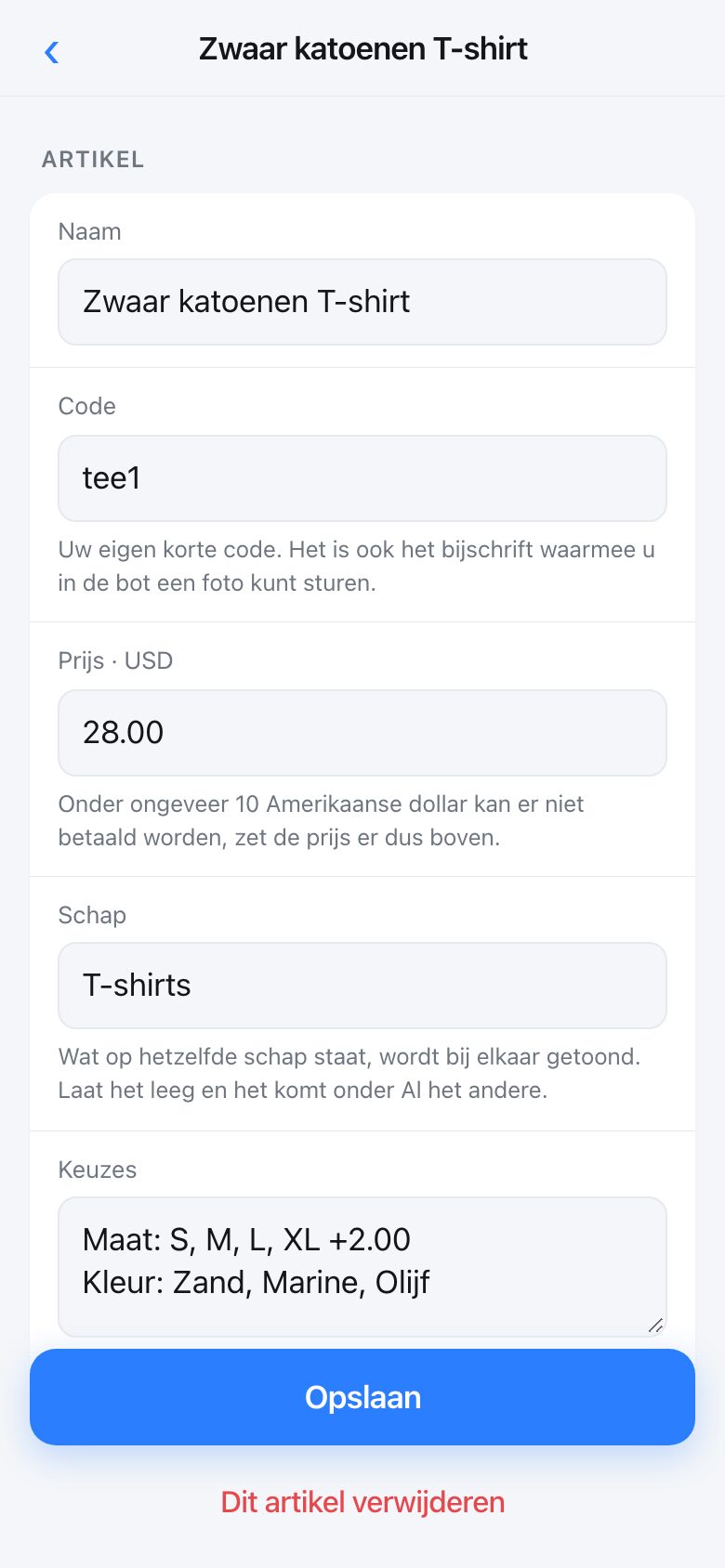 Editing one product: name, code, price, shelf and choices