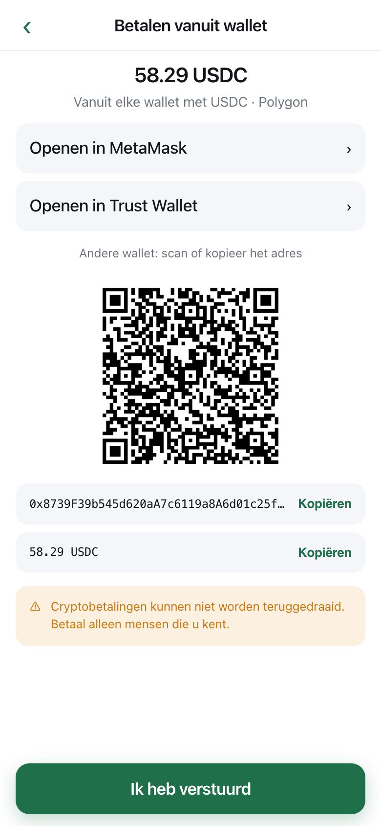 A wallet payment screen with the exact amount, a QR code, the address, and buttons to open a wallet app