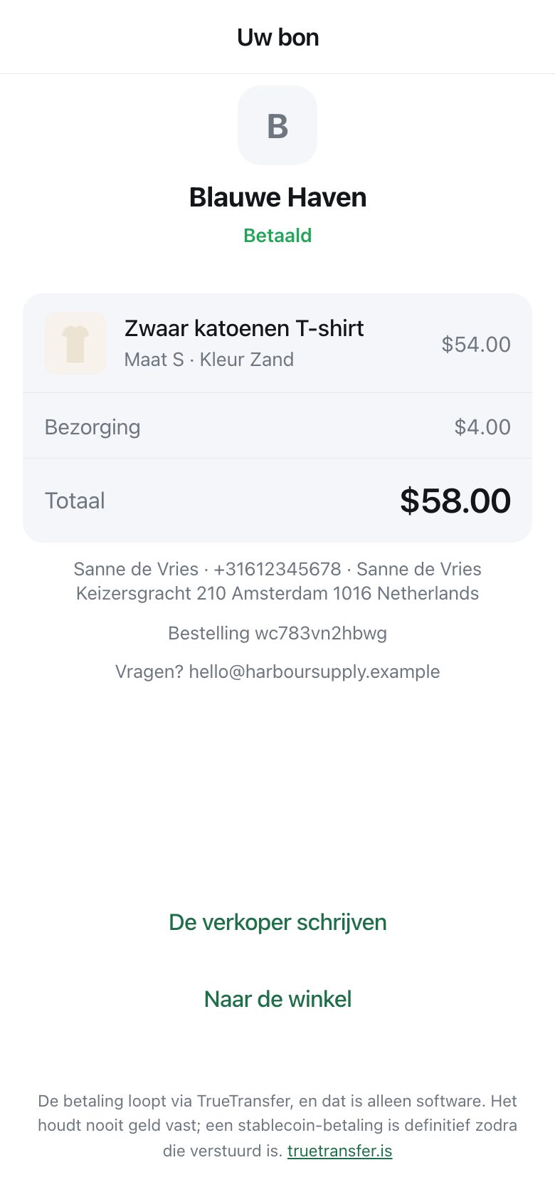 A receipt showing the shop name, the item, delivery, the total, and buttons to message the seller