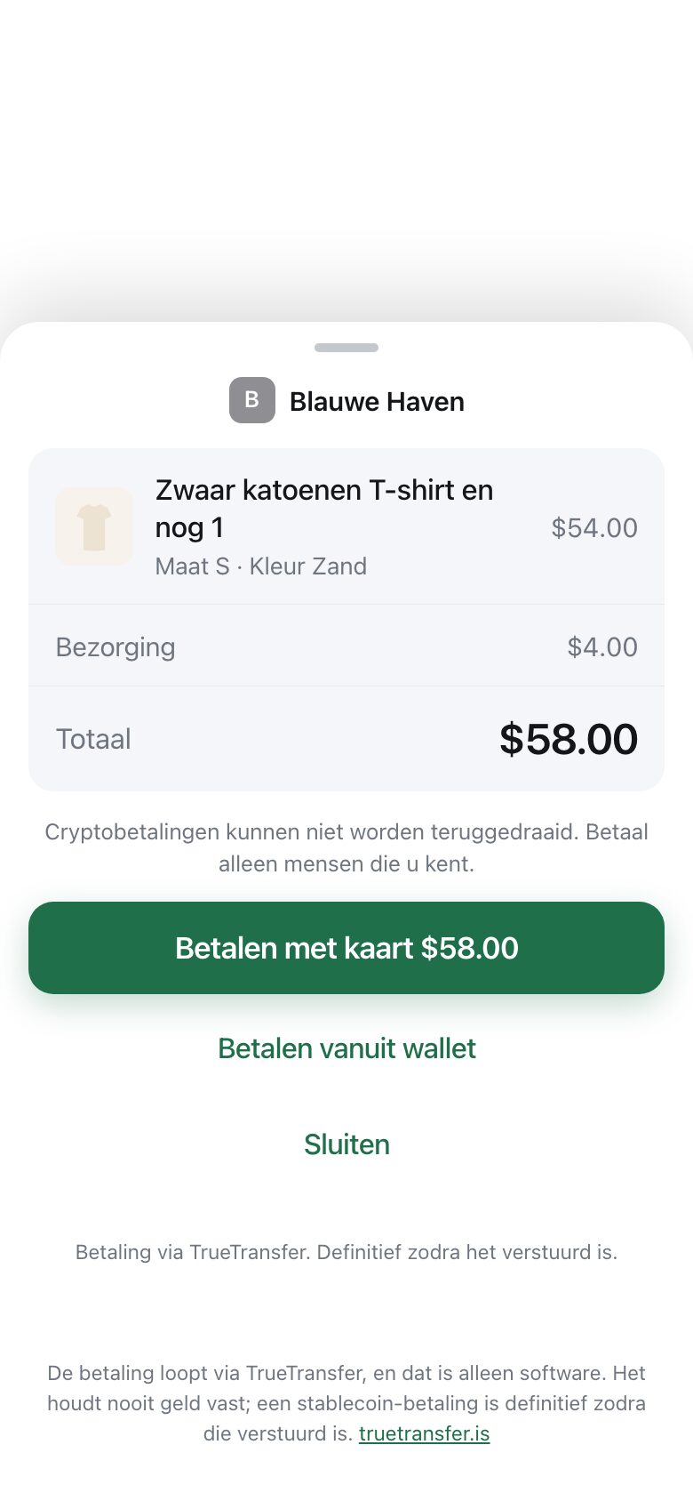 A payment sheet sliding up from the bottom showing shop name, items, delivery and total, with a pay button