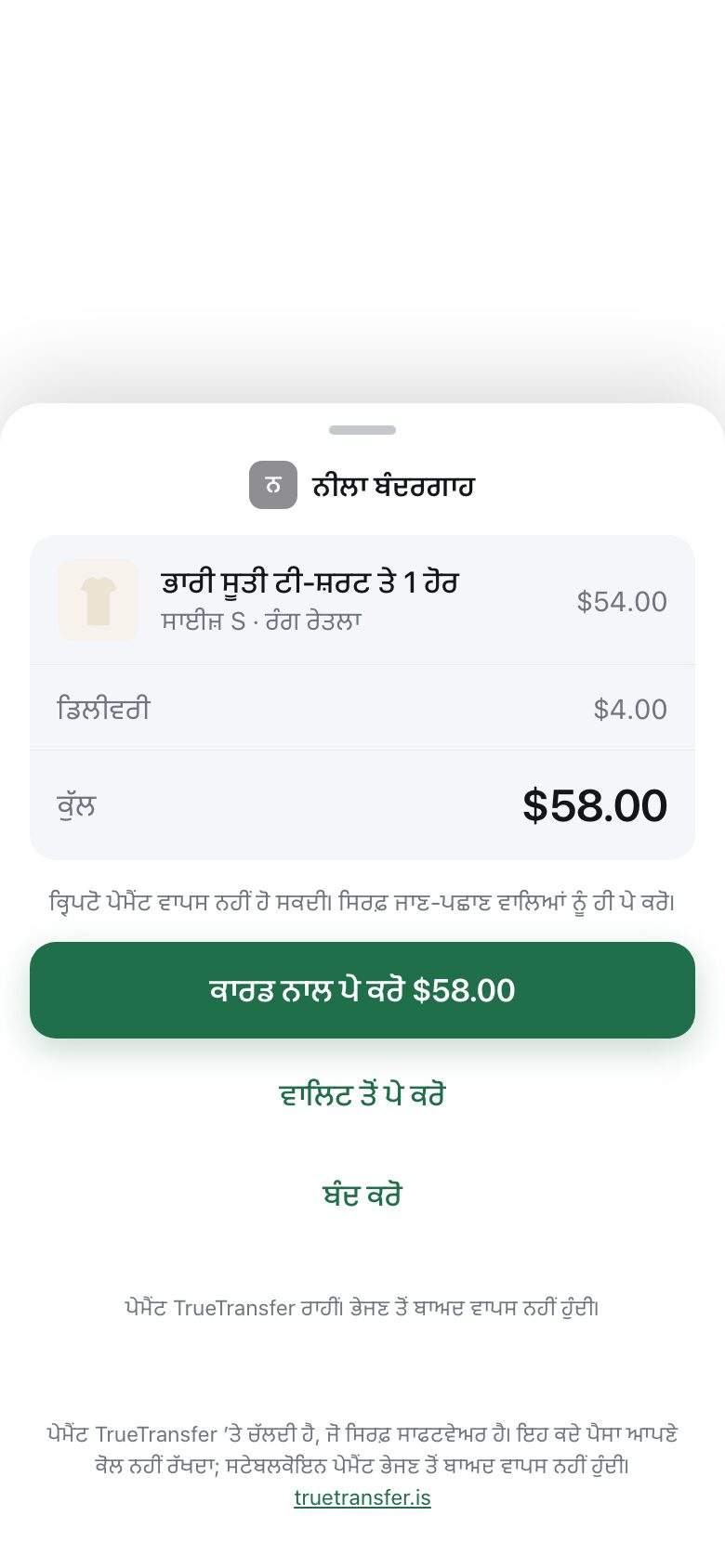 A payment sheet sliding up from the bottom showing shop name, items, delivery and total, with a pay button
