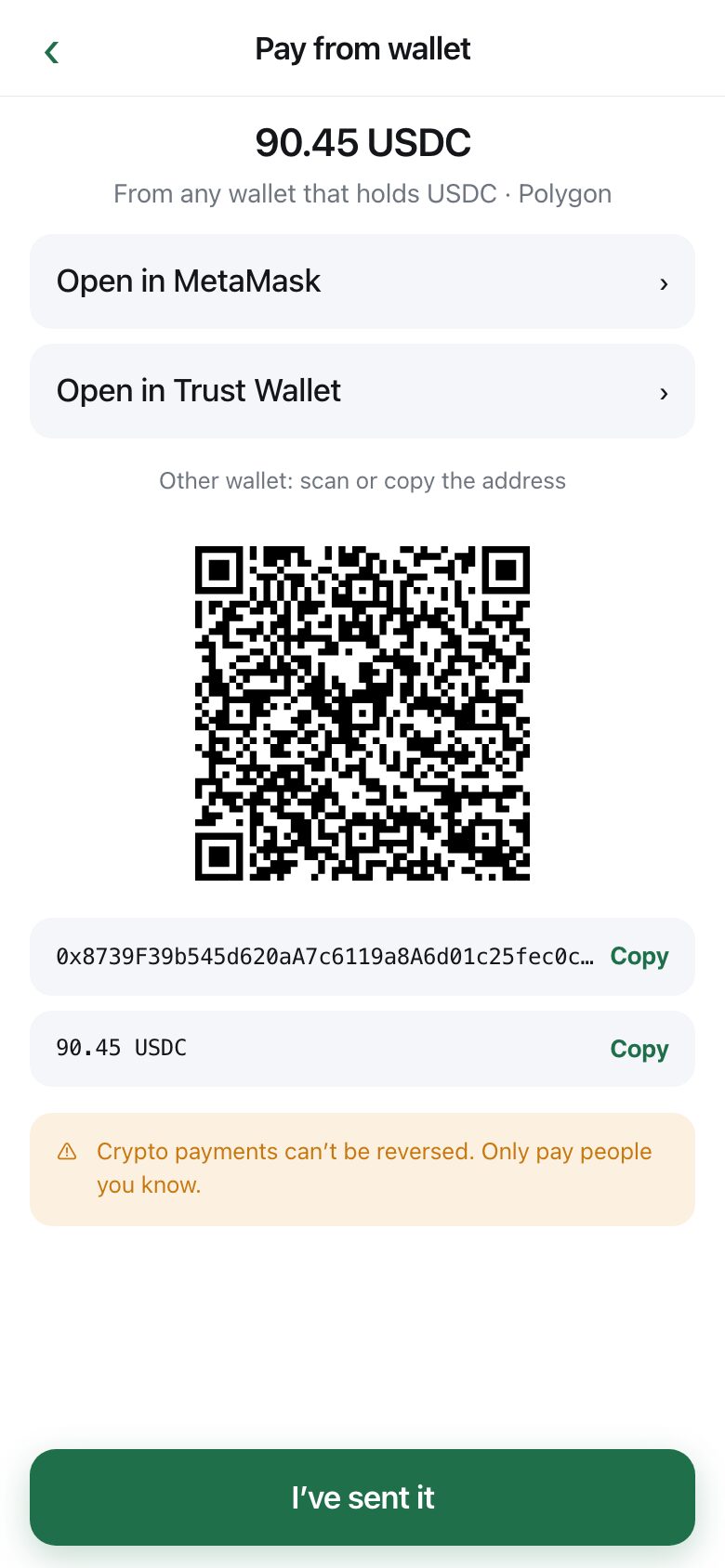 A wallet payment screen with the exact amount, a QR code, the address, and buttons to open a wallet app