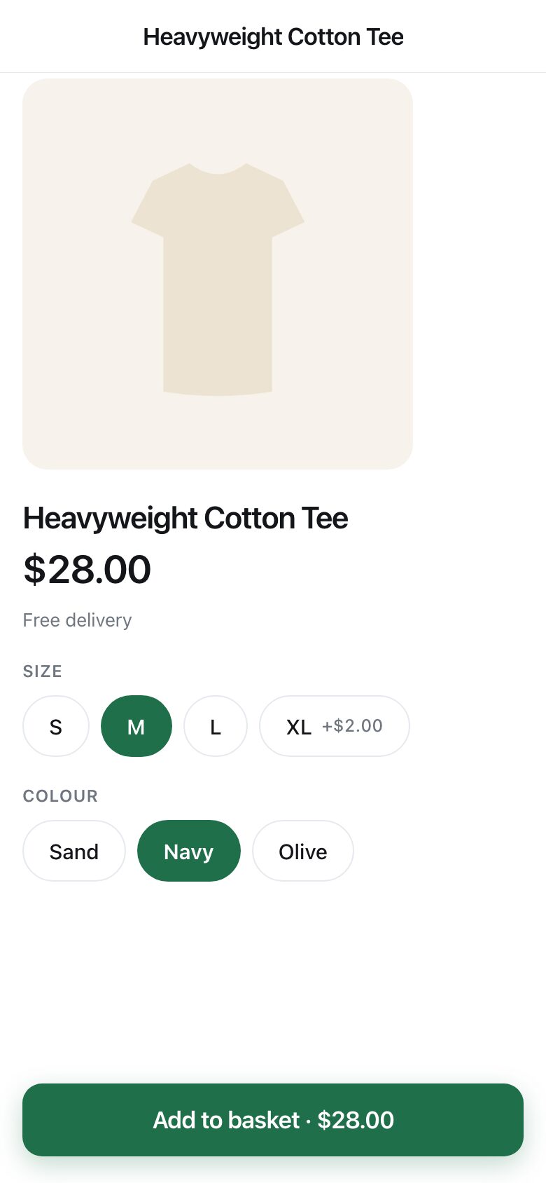 A product page showing a T-shirt with size and colour choices and a delivery line