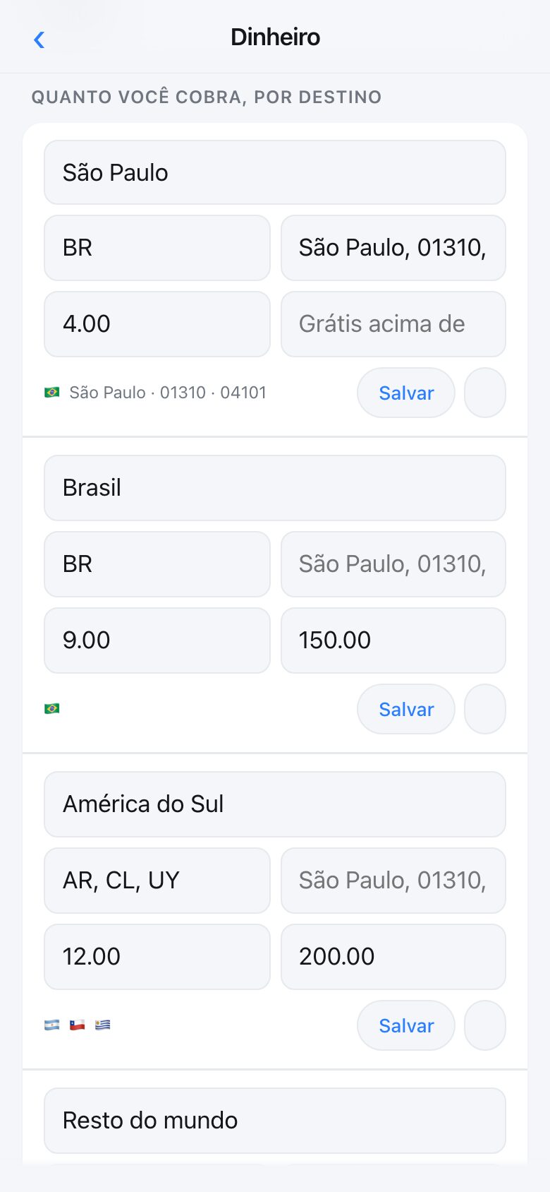 The delivery screen showing several tiers, each with the places it covers and a price