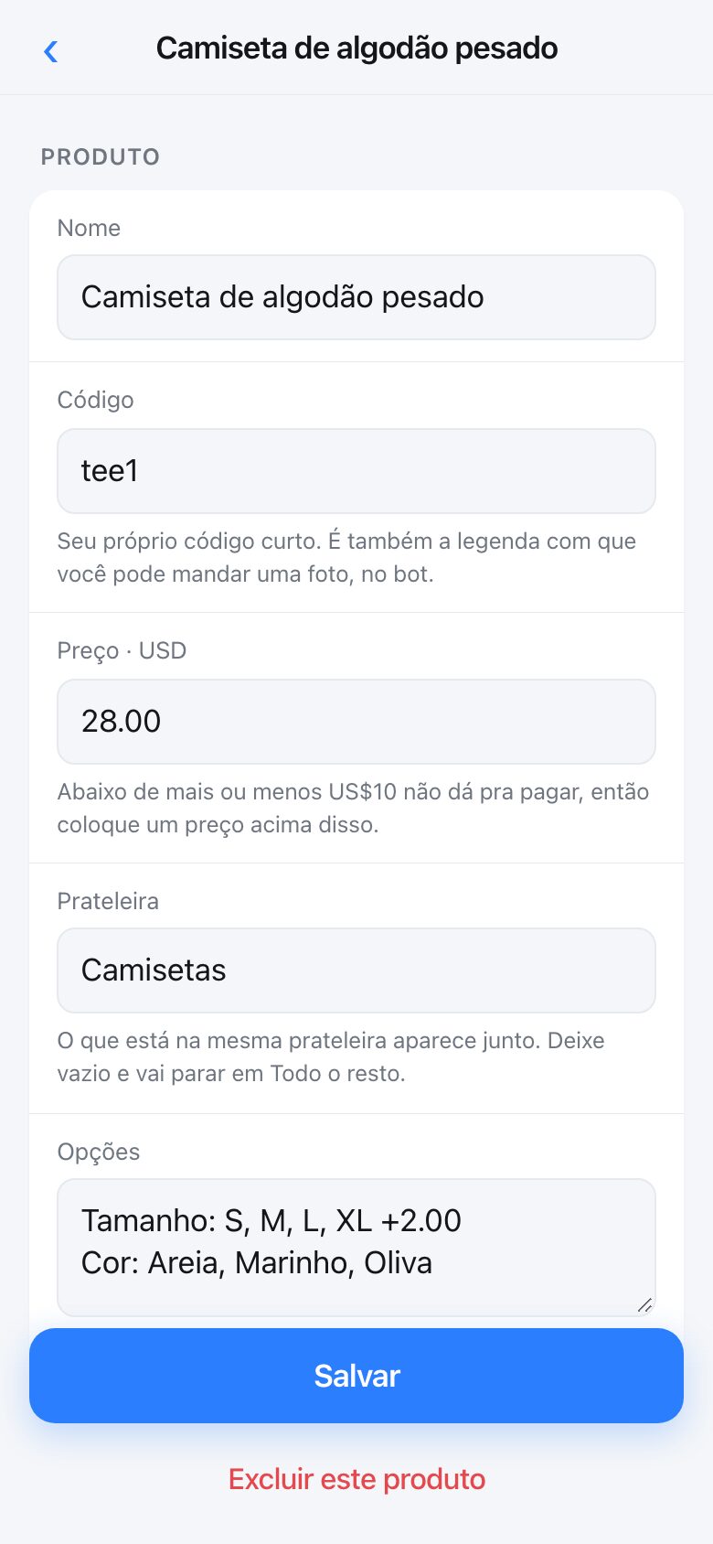 Editing one product: name, code, price, shelf and choices