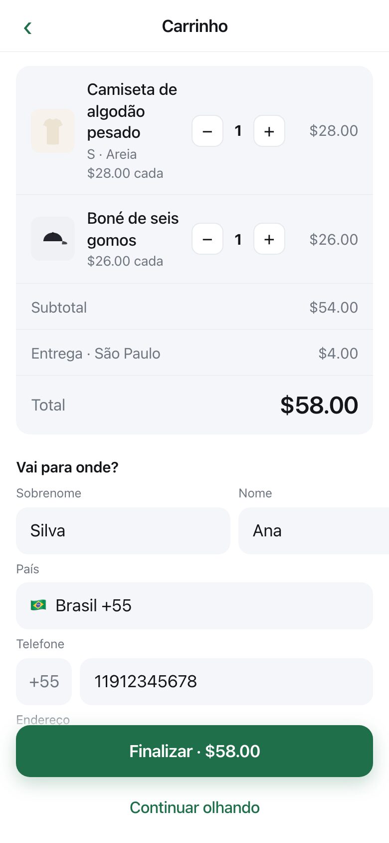A basket with three items, a subtotal, a named delivery charge and a total, above an address form