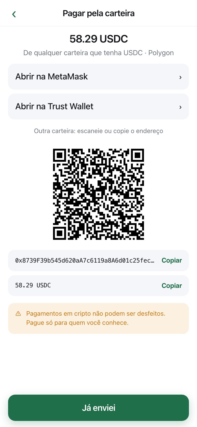 A wallet payment screen with the exact amount, a QR code, the address, and buttons to open a wallet app