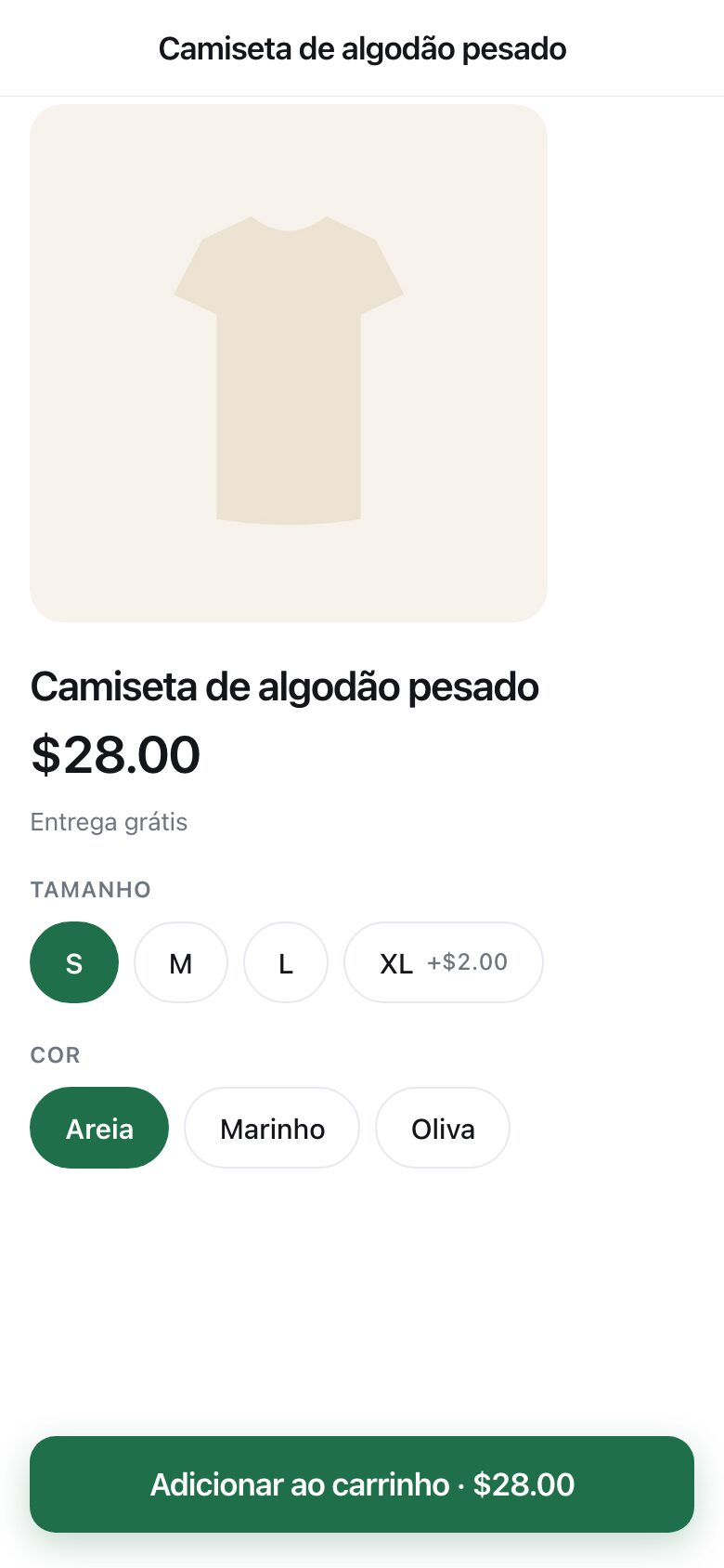 A product page showing a T-shirt with size and colour choices and a delivery line
