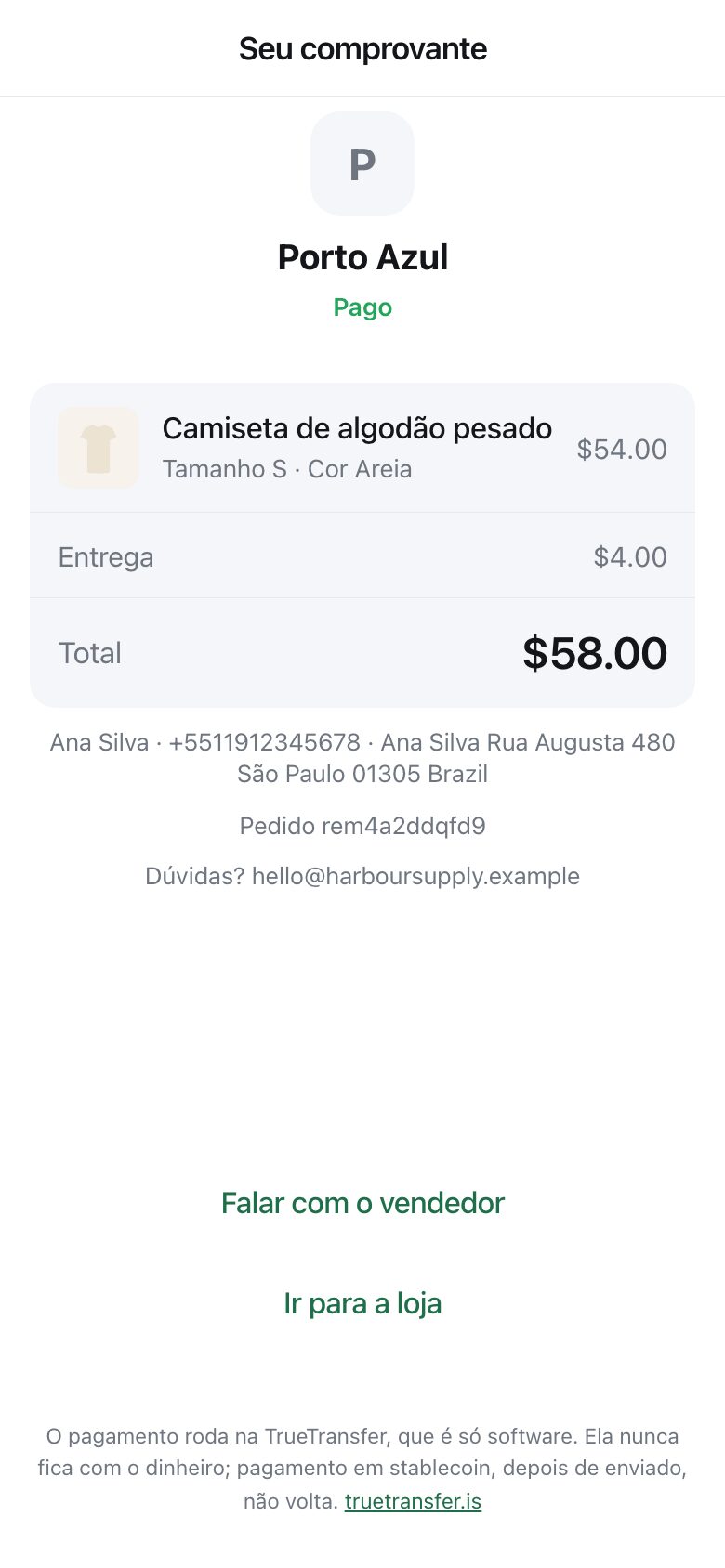 A receipt showing the shop name, the item, delivery, the total, and buttons to message the seller