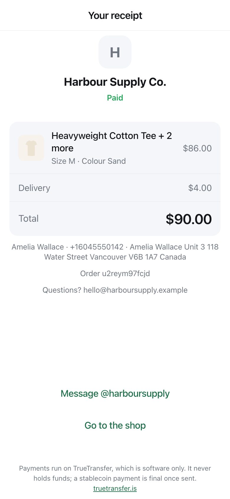 A receipt showing the shop name, the item, delivery, the total, and buttons to message the seller