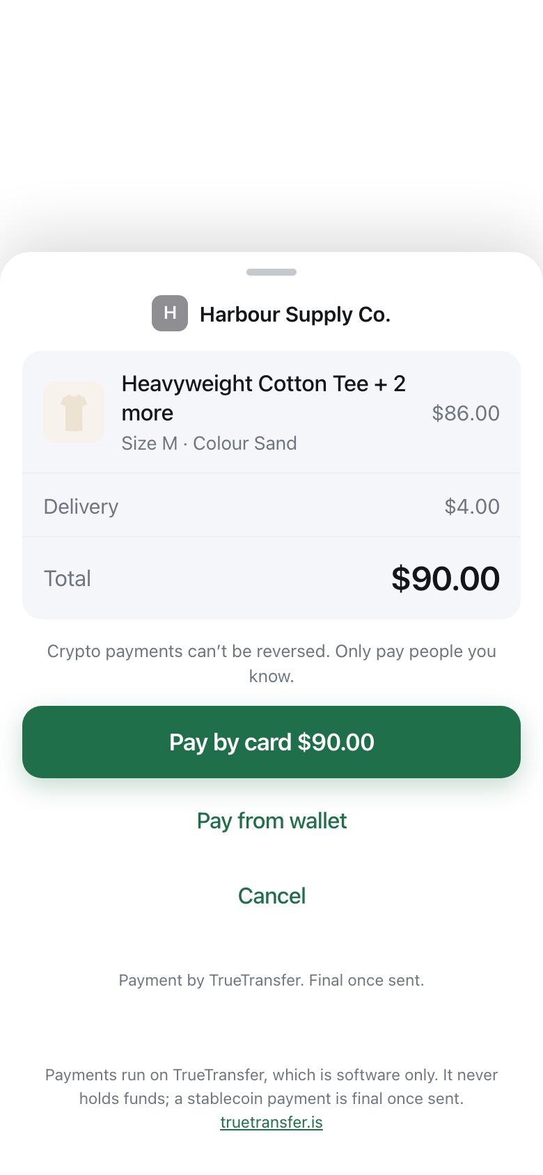 A payment sheet sliding up from the bottom showing shop name, items, delivery and total, with a pay button