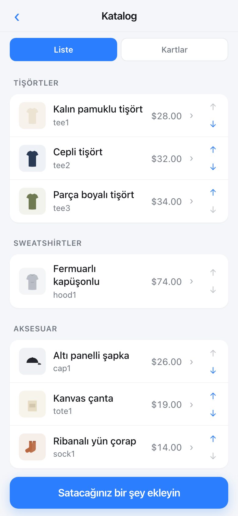 The catalogue screen showing eight products grouped into shelves