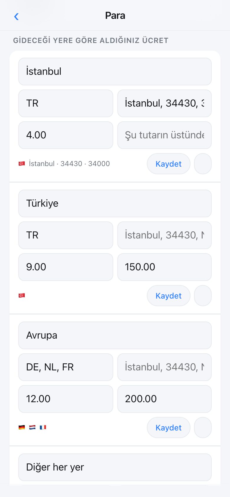 The delivery screen showing several tiers, each with the places it covers and a price