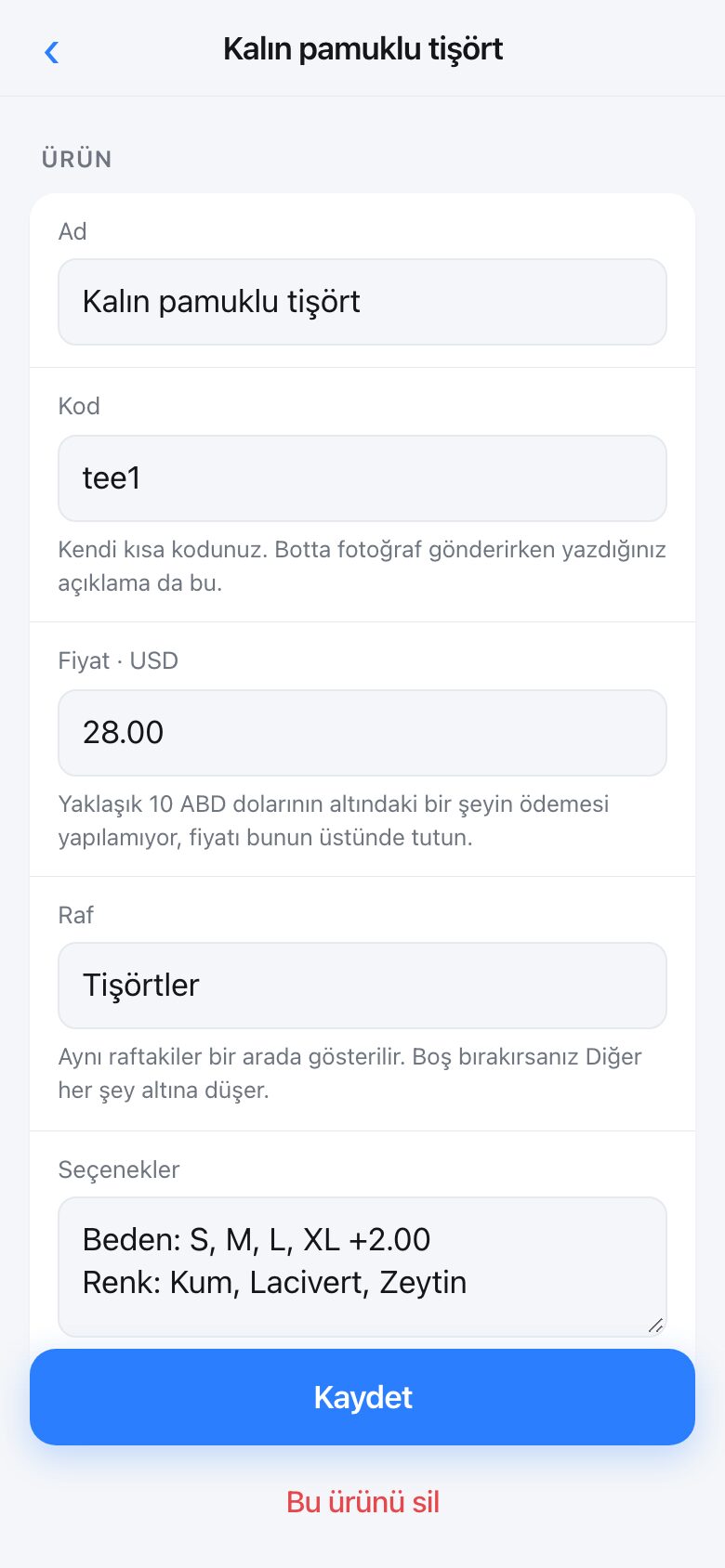 Editing one product: name, code, price, shelf and choices
