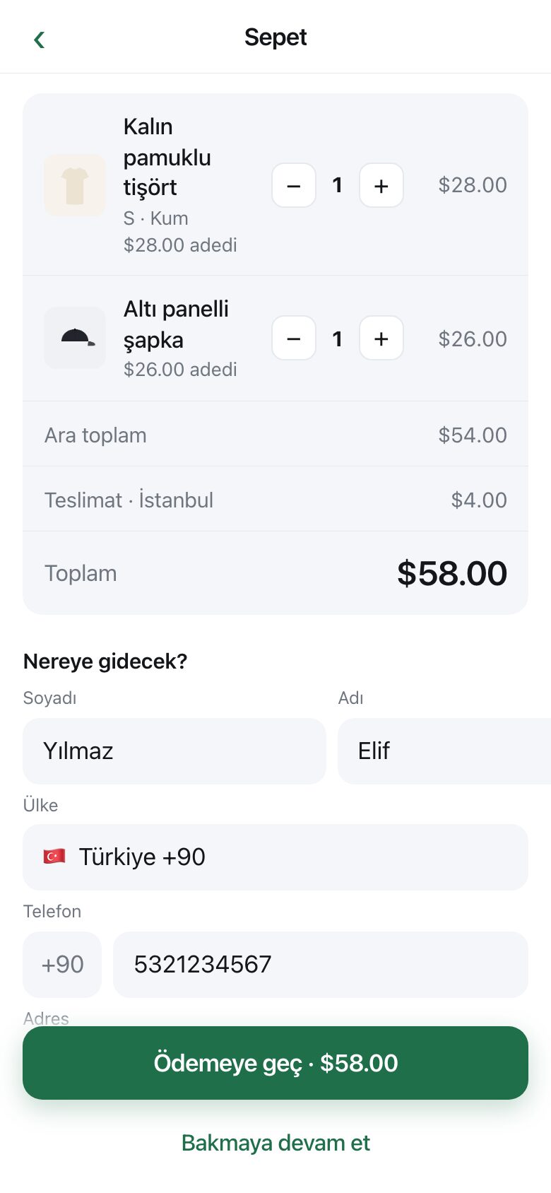 A basket with three items, a subtotal, a named delivery charge and a total, above an address form