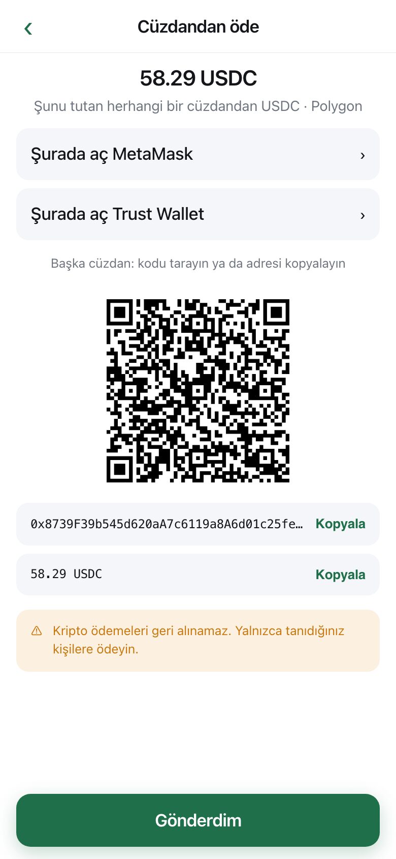 A wallet payment screen with the exact amount, a QR code, the address, and buttons to open a wallet app