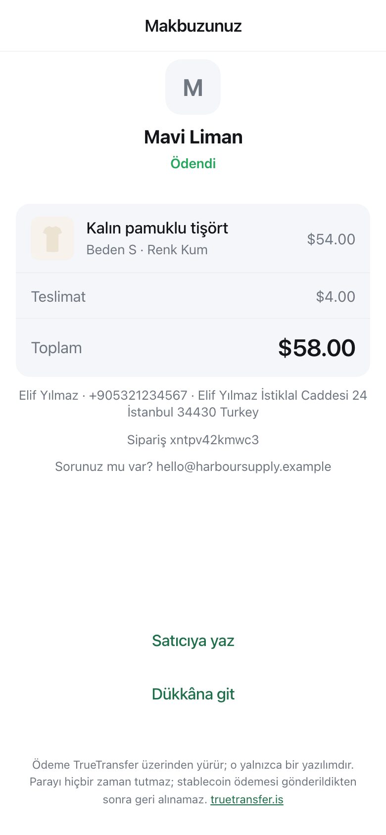 A receipt showing the shop name, the item, delivery, the total, and buttons to message the seller