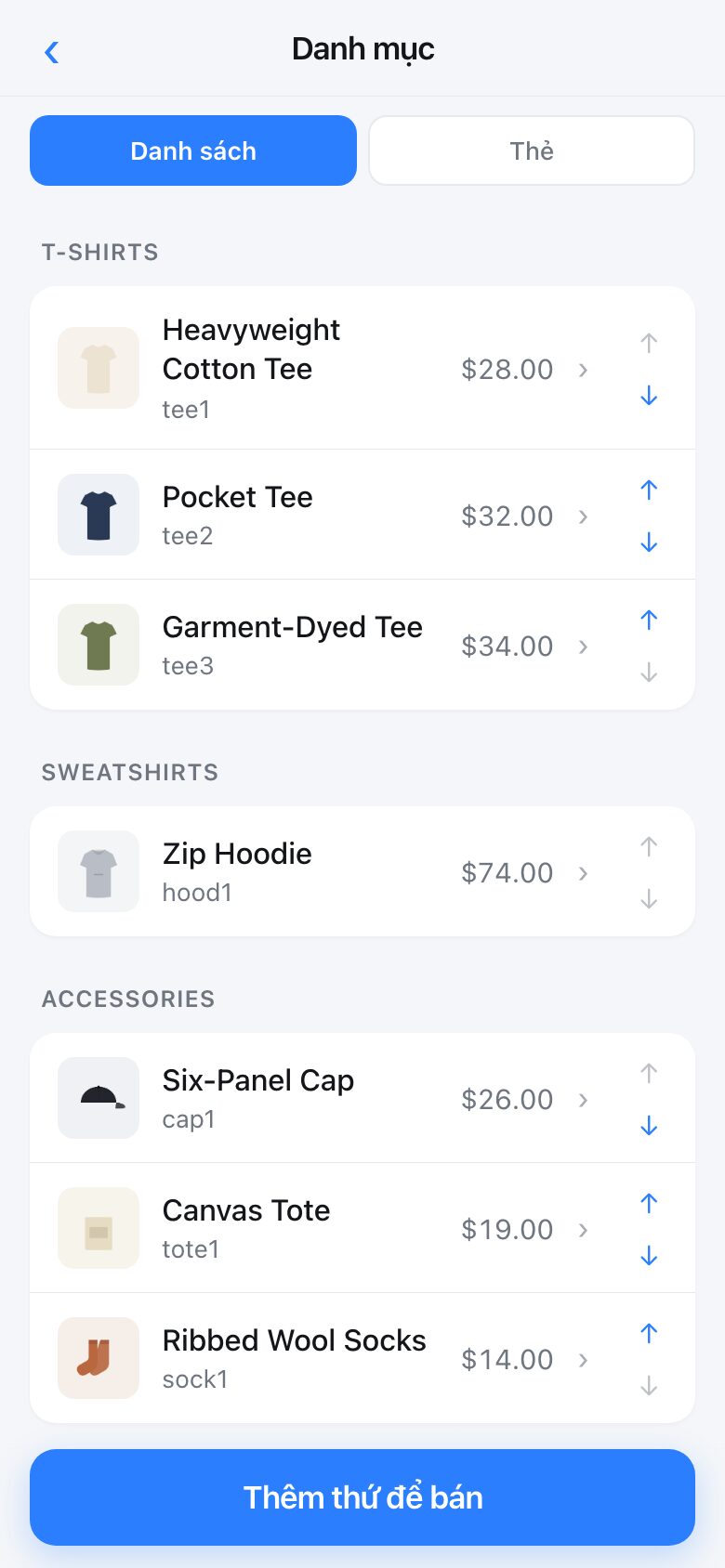 The catalogue screen showing eight products grouped into shelves