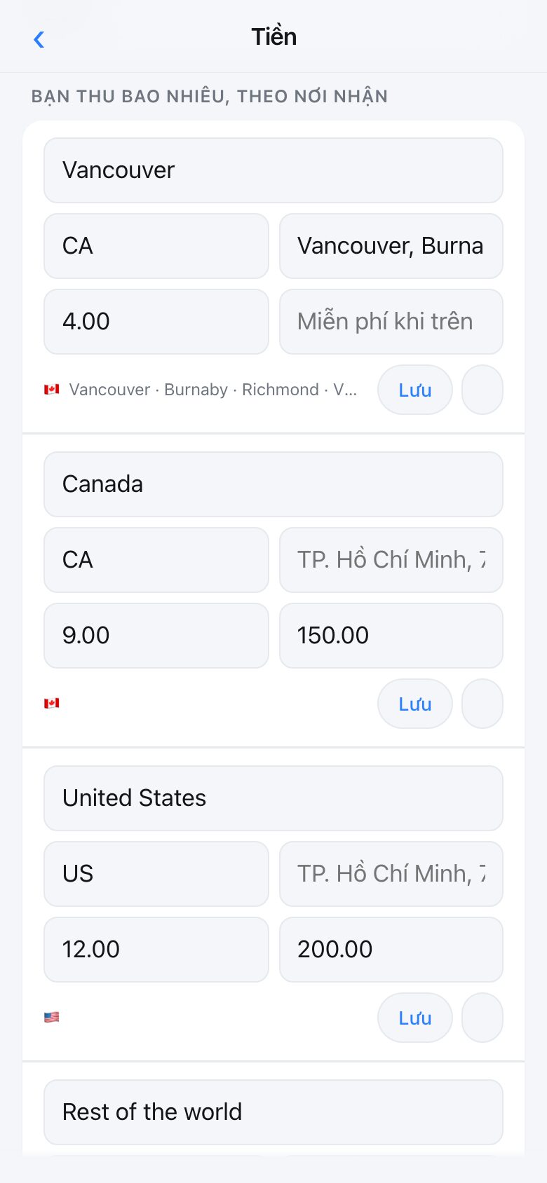 The delivery screen showing several tiers, each with the places it covers and a price