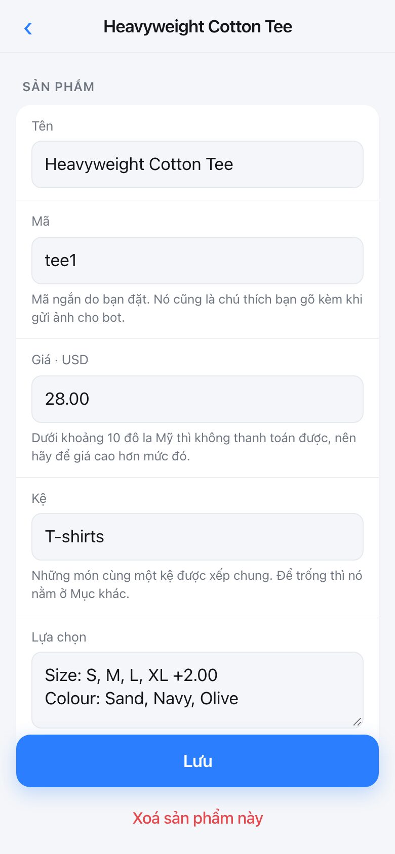Editing one product: name, code, price, shelf and choices