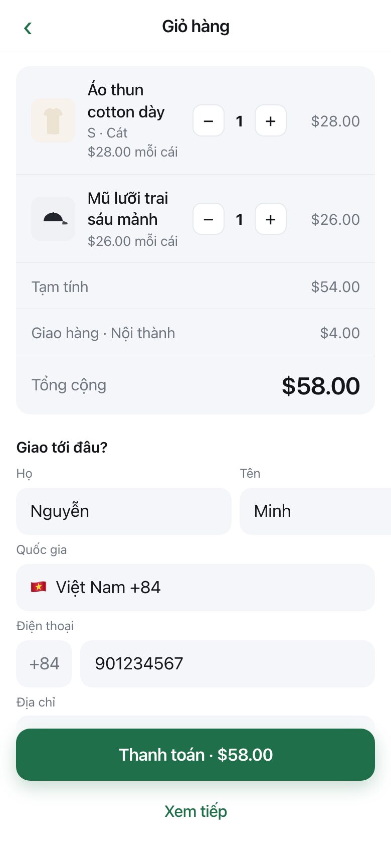 A basket with three items, a subtotal, a named delivery charge and a total, above an address form