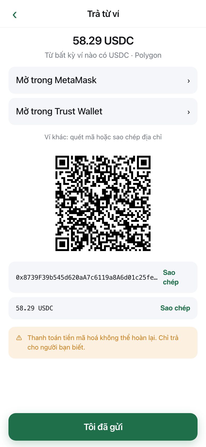 A wallet payment screen with the exact amount, a QR code, the address, and buttons to open a wallet app
