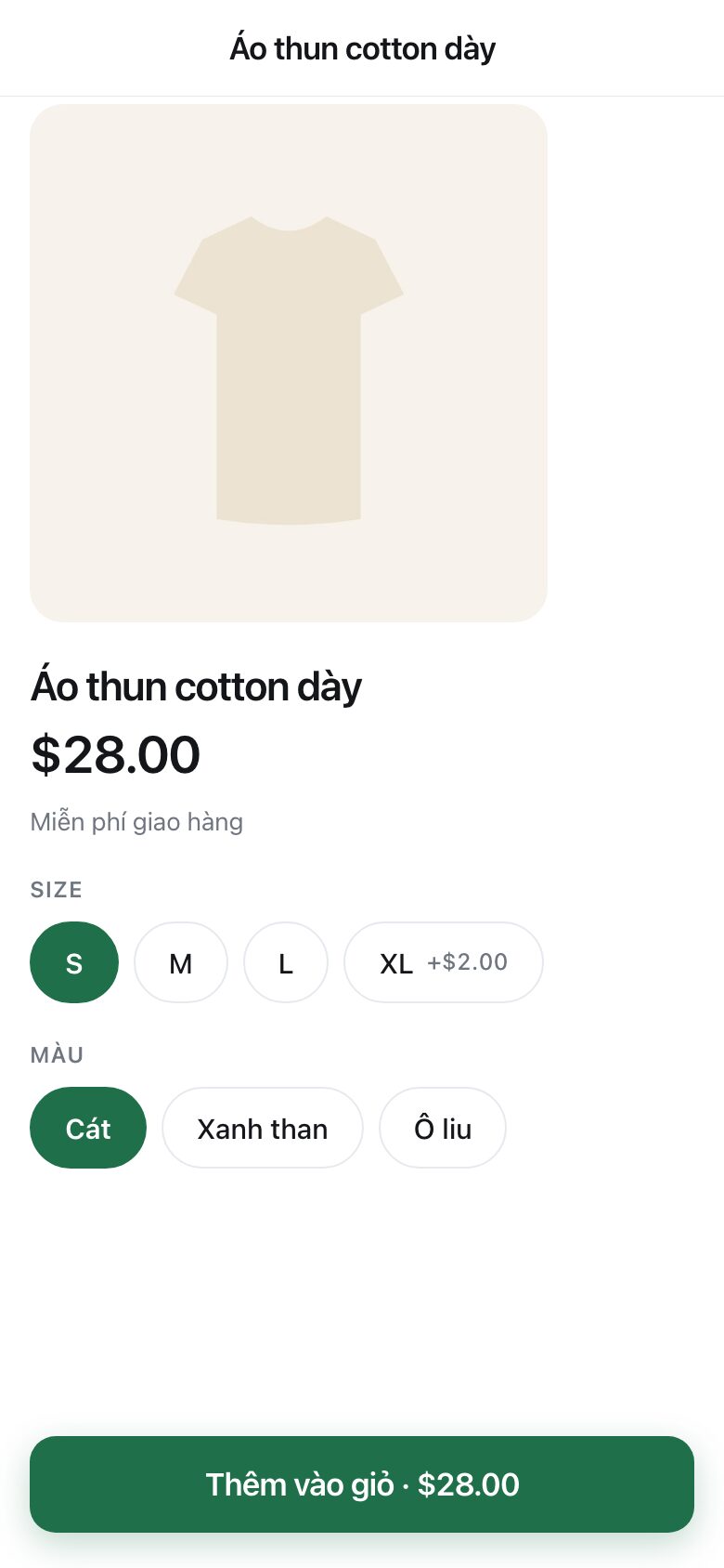 A product page showing a T-shirt with size and colour choices and a delivery line