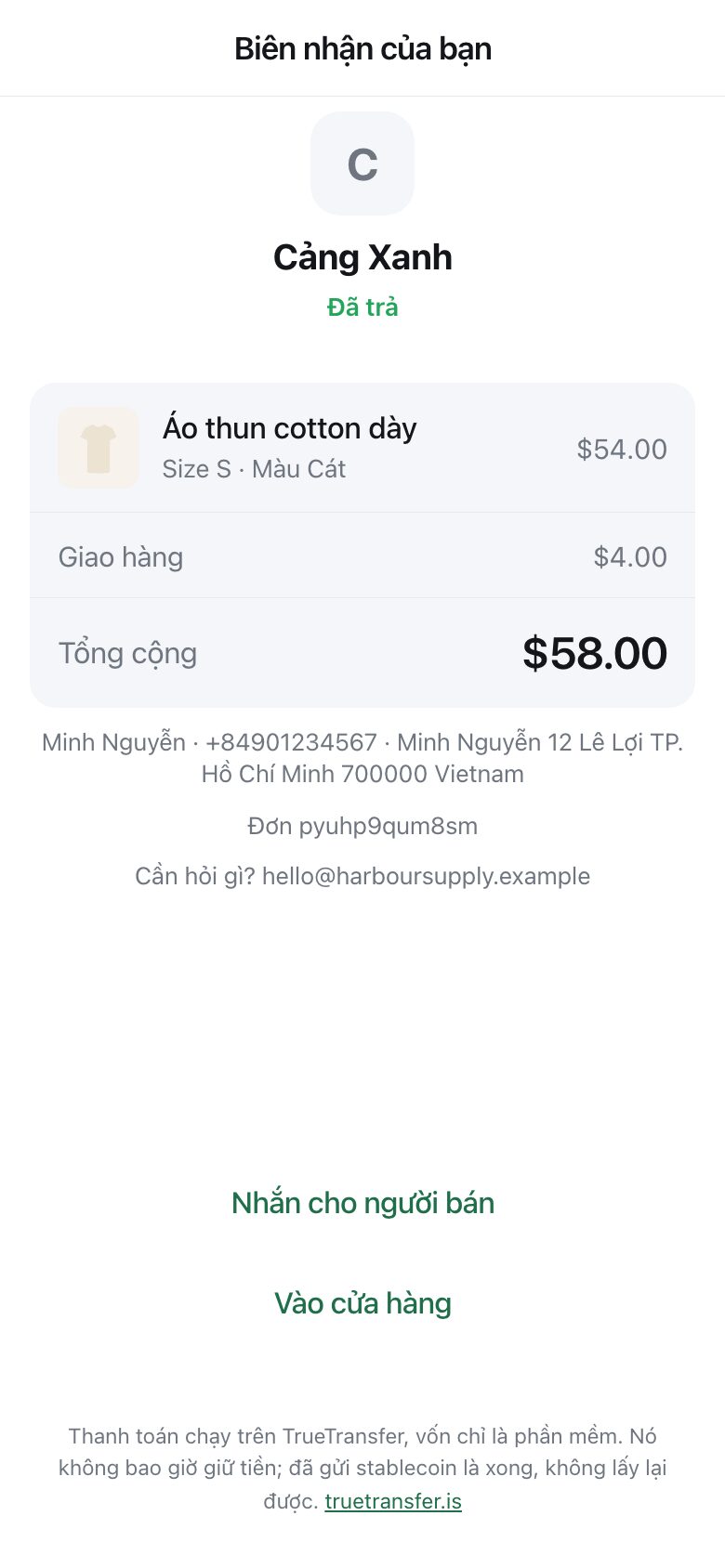 A receipt showing the shop name, the item, delivery, the total, and buttons to message the seller
