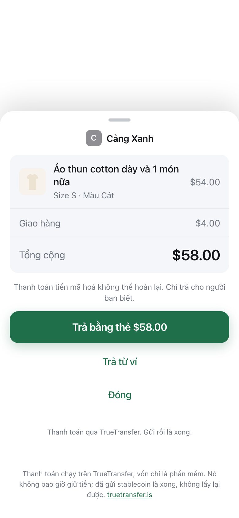 A payment sheet sliding up from the bottom showing shop name, items, delivery and total, with a pay button